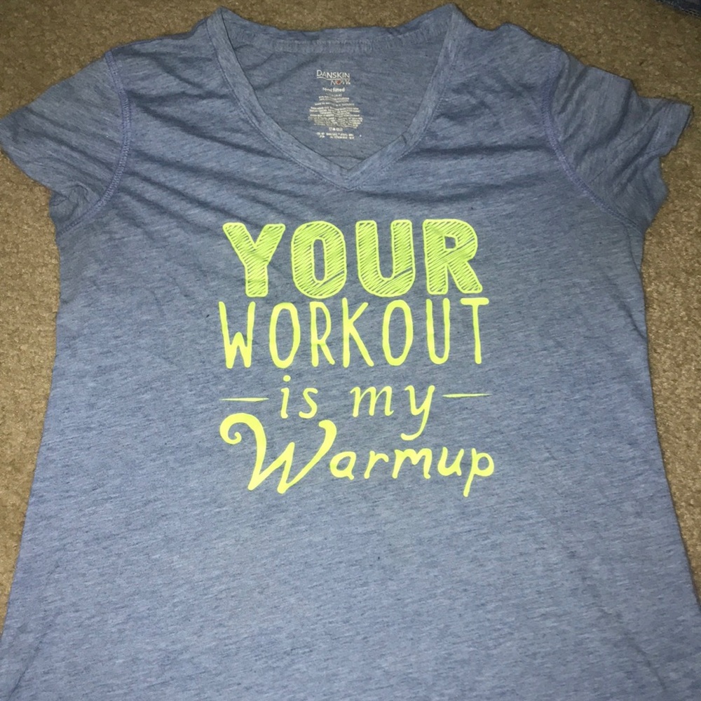 Blue short sleeve athletic shirt.